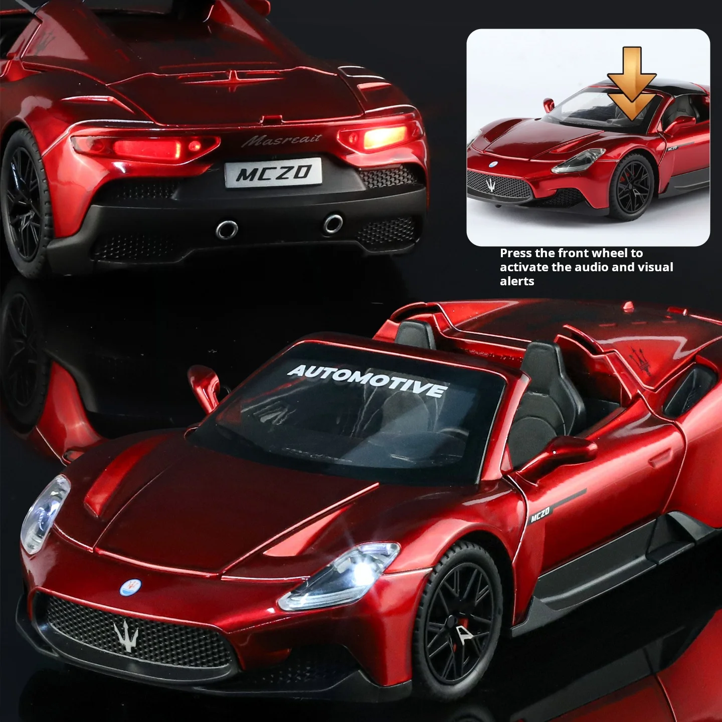 1:24 Scale Exquisite Super Car MC20 Convertible Foldable Roof Car Model Toy Boys Collection Ornament Figurine Light & Sound