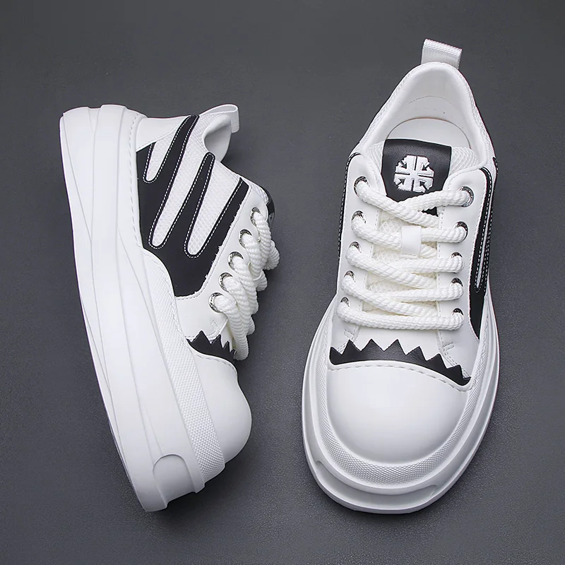 

2025 spring new thick sole leather casual board shoes mesh surface breathable comfortable men's shoes