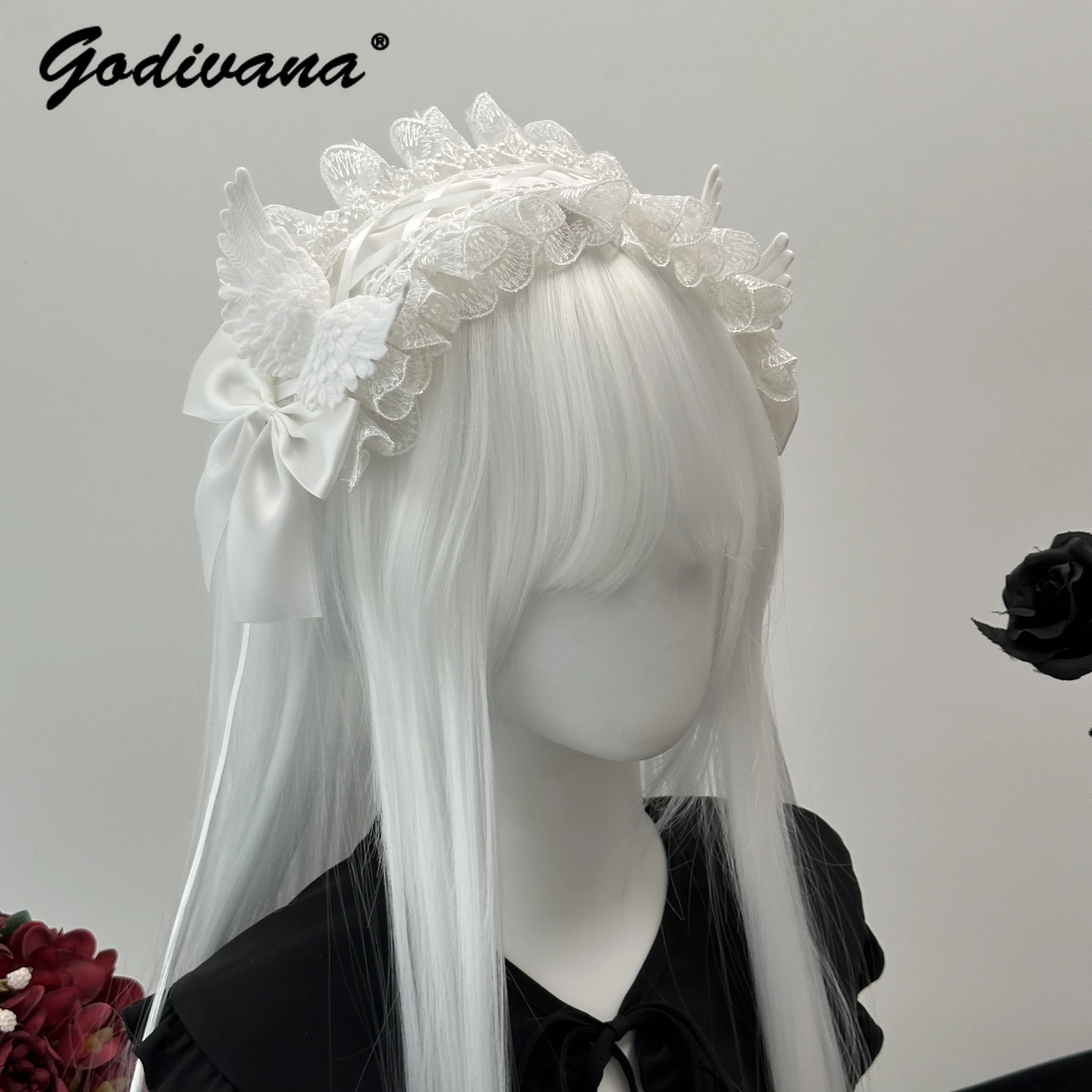 Black and White Goth Angel Wings Headband Halloween Subculture Dark Girls Y2K Hair Accessories Lolita Hairband Lace Headwear