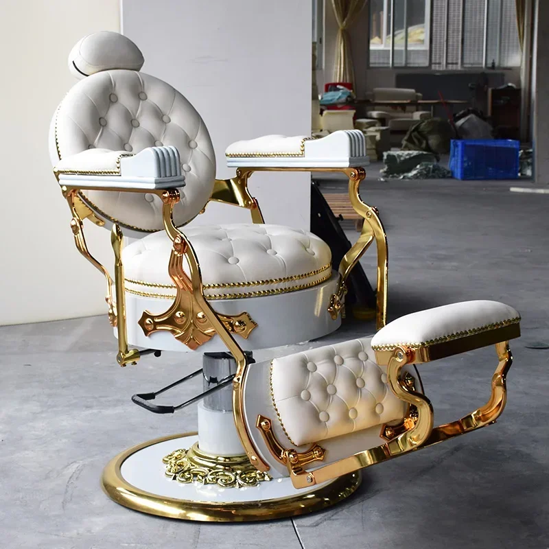 Vintage White Gold Luxury Beauty Hair Salon Shaving Barber Chair Hydraulic Saloon Chair Salon Furniture Styling