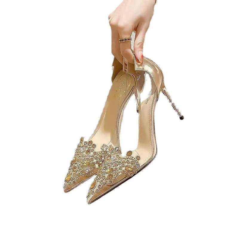 Women Single Shoes New Korean Transparent High Heel Pointed Toe Shoe Rhinestone Champagne Bridesmaid Dress Wedding Shoes туфли