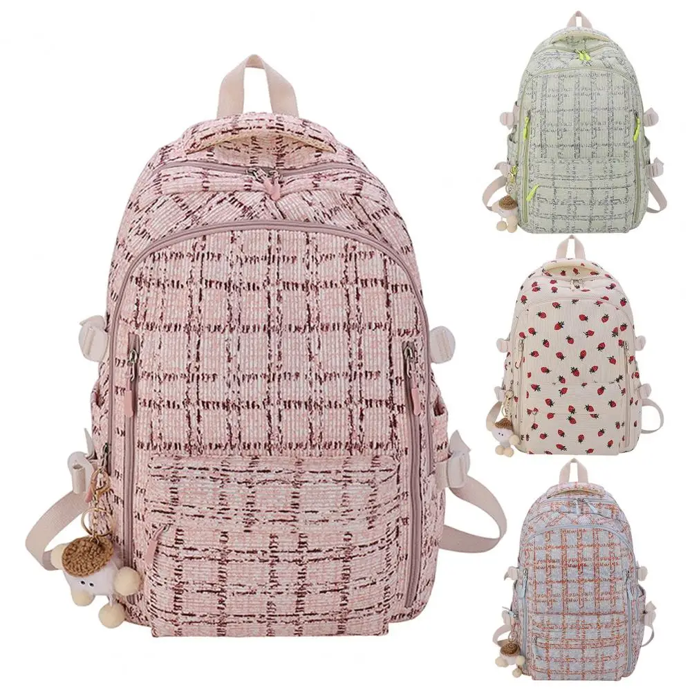 Mochila leve com vários compartimentos para estudantes, mochila de capacidade estudantil, cor doce, estampa de morango, escola do aluno