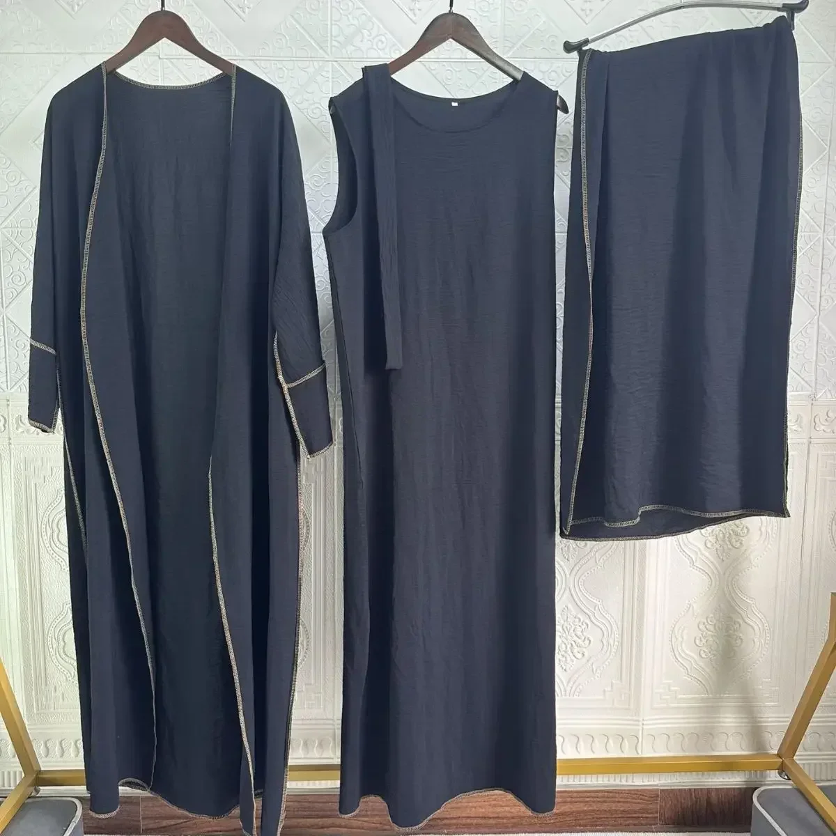 3 Pieces Muslim Sets Ramadan Muslim Open Abaya for Women Dubai Long Dress Turkey Islamic Stitching Abayas with Belt Hijab Set