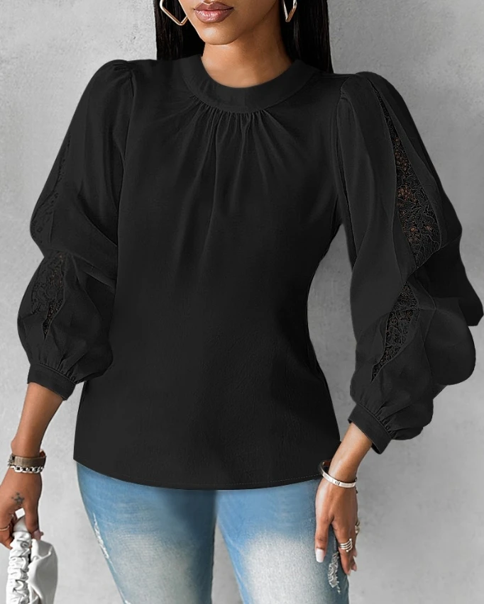 

Lace Patch Patchwork Lantern Sleeve Pleated Round Neck Long Sleeved Black Casual Fashion Loose Versatile New Women's Top