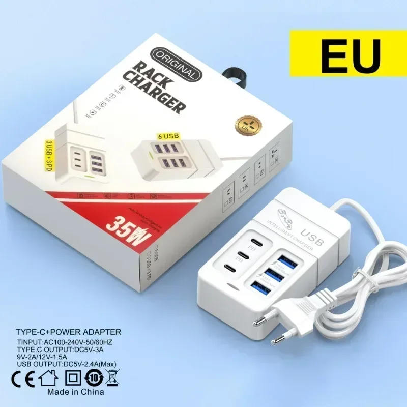 35W Multiport USB Charger PD Type C Fast Charging EU US Plug Wall Charger USB Hub Adapter 6 Ports USB Quick Mobile Phone Charger