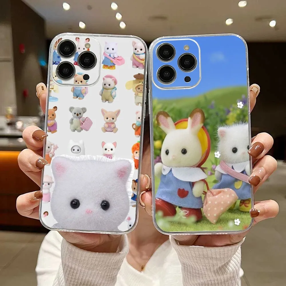 Cute Sylvanian Families Phone Case For iPhone 16,15,14,13,12,11 Plus,Pro,Max,XR,XS,X,7,8 Plus,SE,Mini Transparent Silicone Soft