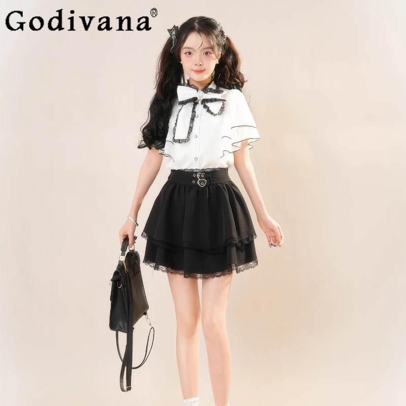 

Girl's Elegant Lolita Outfits Double Layer Lace Short Sleeve Shirt High Waisted Skirt Two Piece Suit Women's Summer Skirt Set