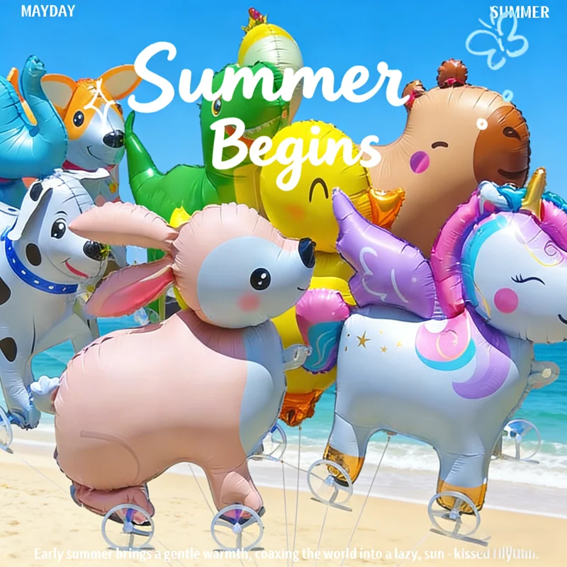 1개 만화 캐릭터 포일 풍선 동물 스탠드 워킹 풍선 바퀴 포함 어린이 생일 파티 장식 풍선... - 2