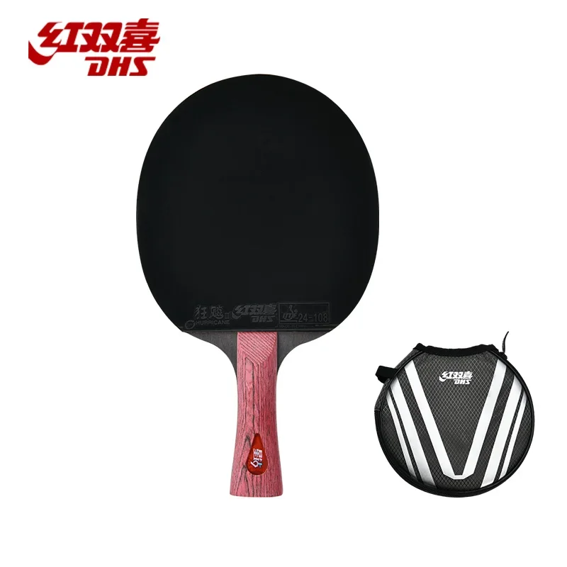 DHS DIAMOND Black, een professioneel tafeltennisracket met 7 lagen, voorzien van Hurricane 3-beschermfolie, ideaal voor spin en snelheid.