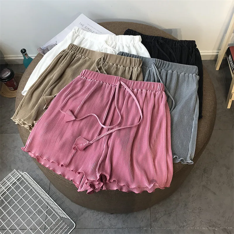 Elastic Waist High Street Casual Loose Shorts Women Beach Party Clothing Pleat Shorts Female Summer Candy Color Shorts Big Size