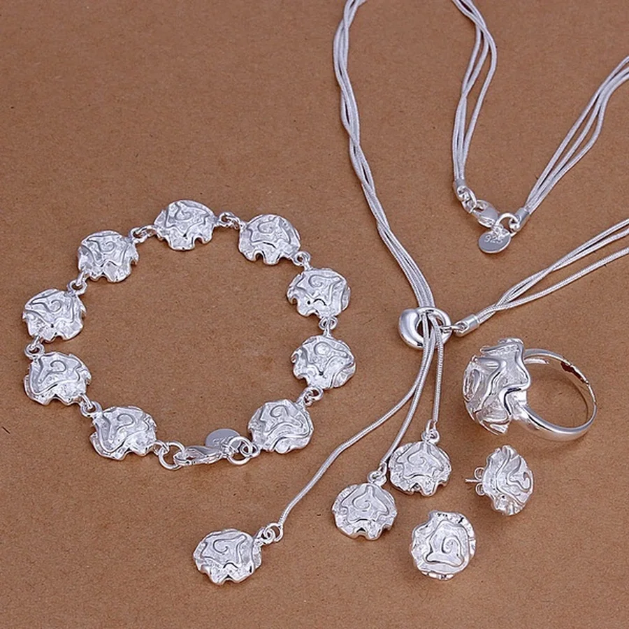 

Fine 925 Silver Sets Wedding Jewelry Charm Elegant Rose Flower Bracelets Necklace Ring Stud Earrings Fashion