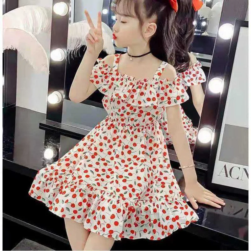 

2024 summer Girls chiffon Floral braces Dresses Knee off shoulder teenager Princess Party slip dress Kids Clothes 6 8 12 years