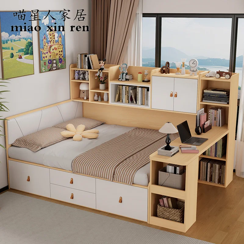 

Tatami bed with desk Small apartment children's room High box storage single bed Desk integrated, space-saving bed