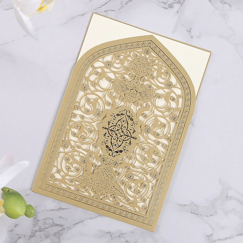 

50 Pieces Laser Cut Lace Flora Gold Wedding Invitation Card Islamic Muslim Engagement Cards Birthday Party Decorations IC159