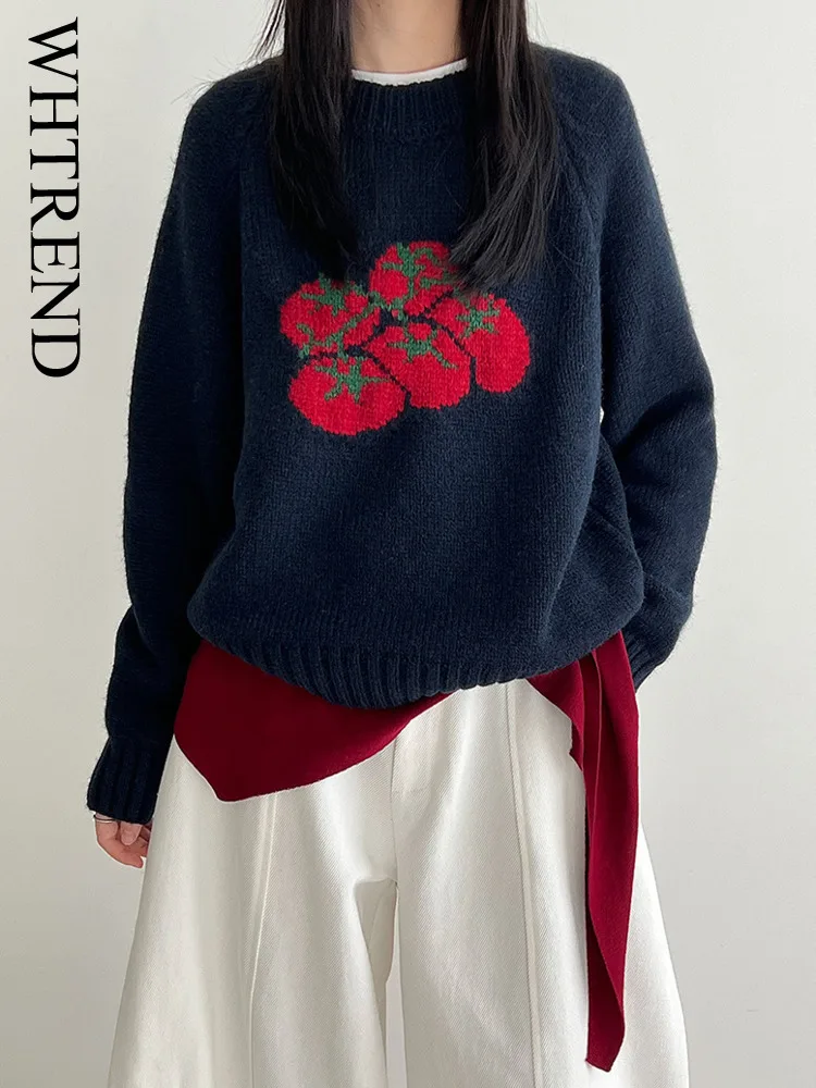 

WHTREND Korean Style Tomato Pattern Round Neck Knitted Sweater Autumn New Soft Pullover Loose Sweater WH1862