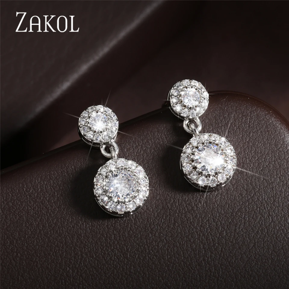 ZAKOL Fashion 2 Round Cubic Zirconia Drop Earrings for Women Korean Bridal Shiny Crystal Dangle Earing Wedding Party Jewelry