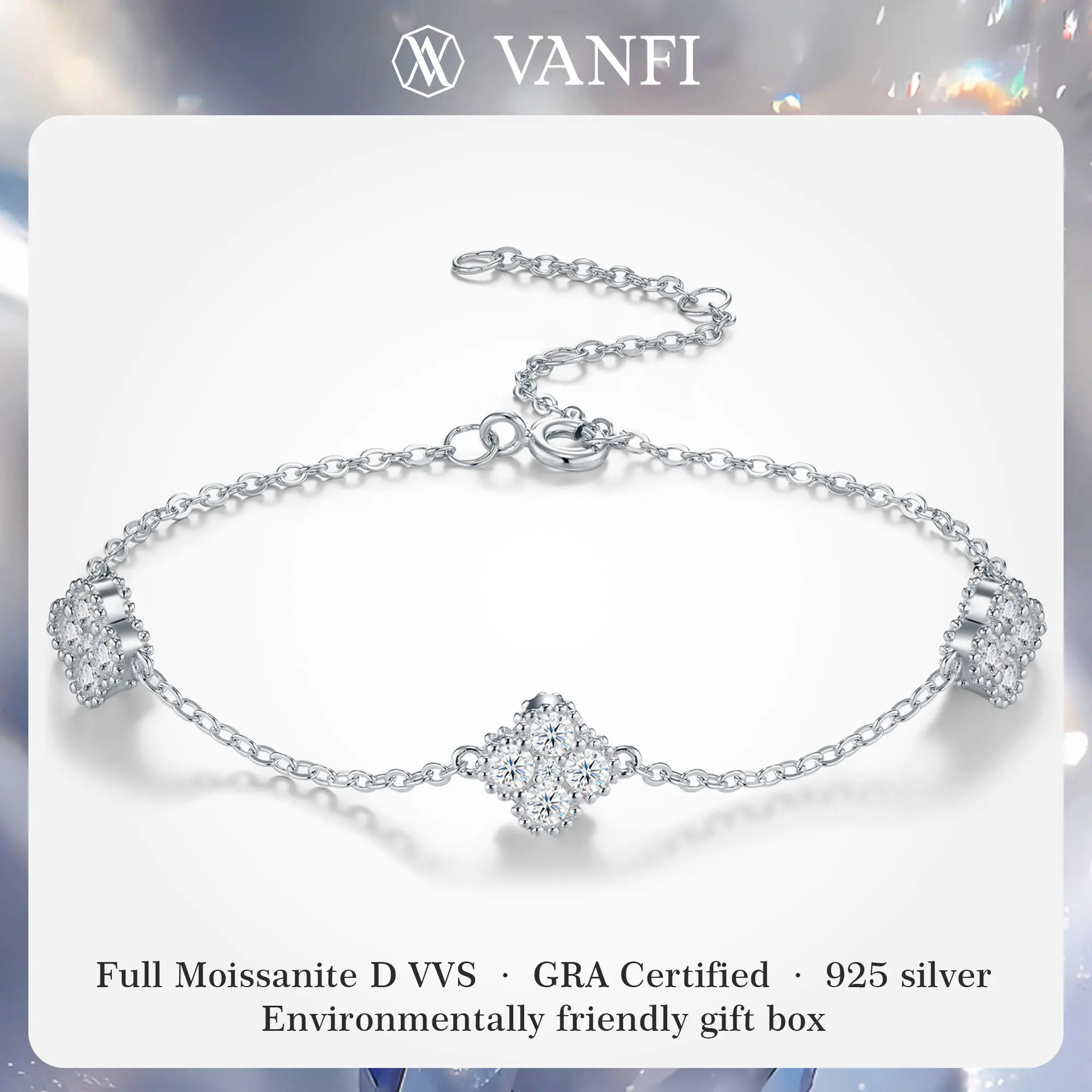 

Браслет KVFANFI Moissanite Clover из серебра 925 пробы с покрытием из белого золота, регулируемая цепочка, цвет D, VVS1, сертификат GRA, подарок для женщин