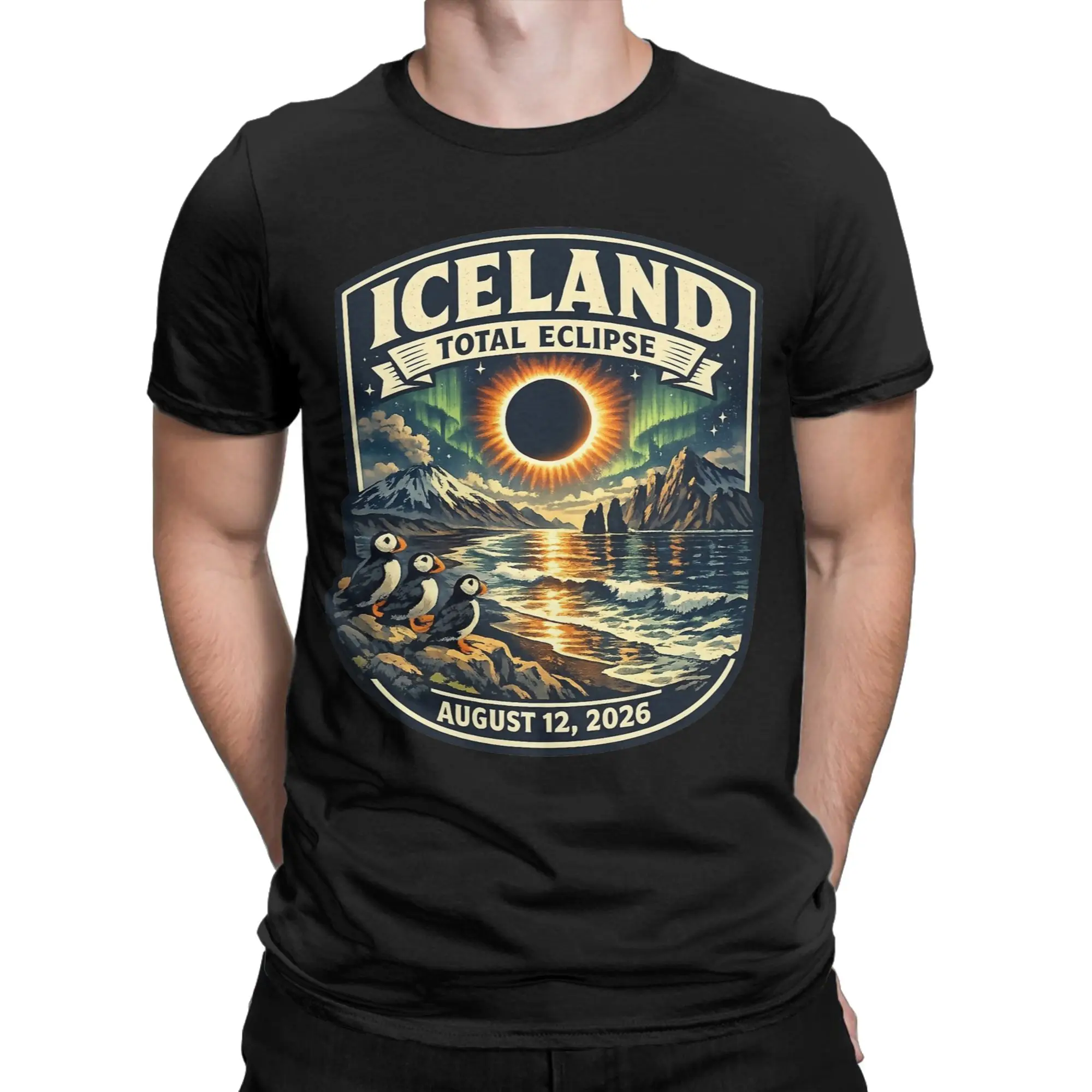 Iceland Total Solar Eclipse 2026  August 12 Eclipse Chaser Adventure T Shirts for Men Cotton Vintage T-Shirt Crewneck  Tee Shirt