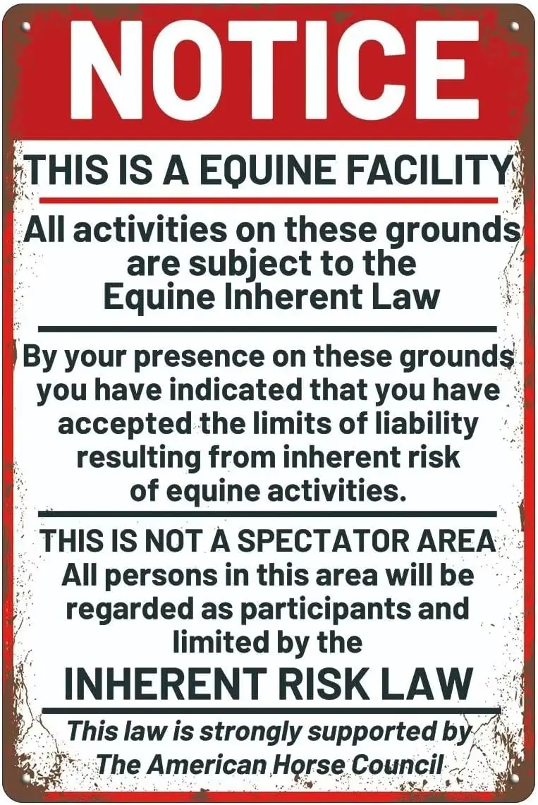 Supplemental Equine Liability Tin Sign Warning Statute Horse Barn Stable Metal Red and White Farm ch, stall signs for