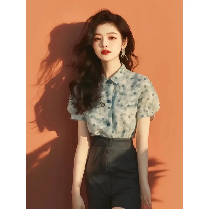 

Женская блузка с воротником-поло и принтом в горошек, с пышными рукавами, элегантная повседневная летняя рубашка