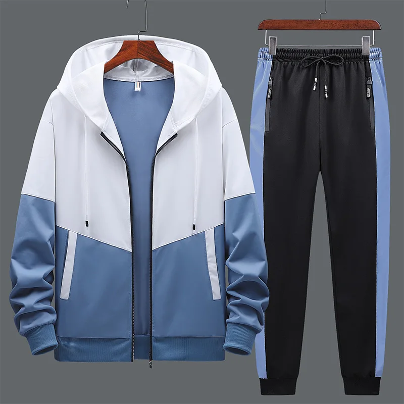 2023 Spring and Autumn Men\'s Tracksuit Leisure Sports Suit Hooded Long-Sleeved Coat Jacket + Bunched Foot Trousers Two-Piece Set