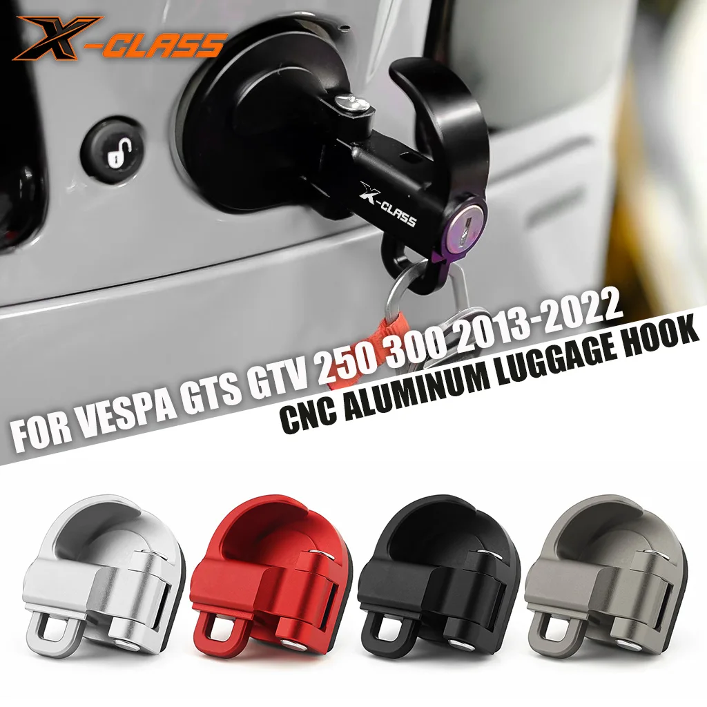 For Vespa GTS 150 250 300 GTV 2013-2022 CNC Aluminum Luggage Frame Hook Front Chassis Bag Helmet Holder Hanger + Anti-Theft Lock
