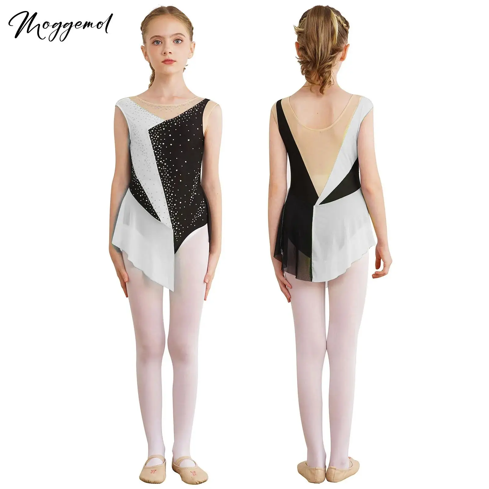 Vestido de leotardo de gimnasia para patinaje artístico para niñas, mono con diamantes de imitación, trajes de actuación de danza lírica de Ballet de competición