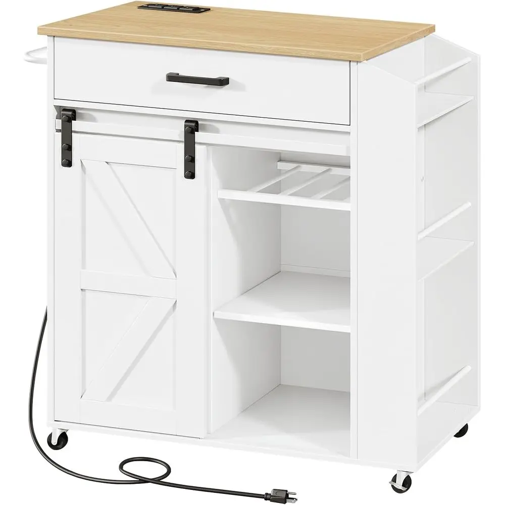 

Кухонный остров на колесиках, передвижная тележка-остров с розеткой, кухонный стол для хранения с раздвижной дверцей, 1 ящик и полка для специй