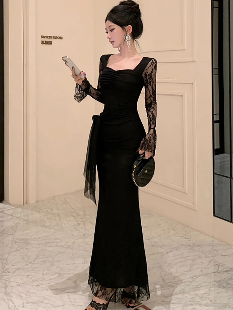 Herfst Winter Zwart Mesh Patchwork Kant Lange Mouw Jurk Vrouwen Chic Vierkante Kraag Sexy Verstoorde Lange Jurk 2024 Koreaanse Vestidos