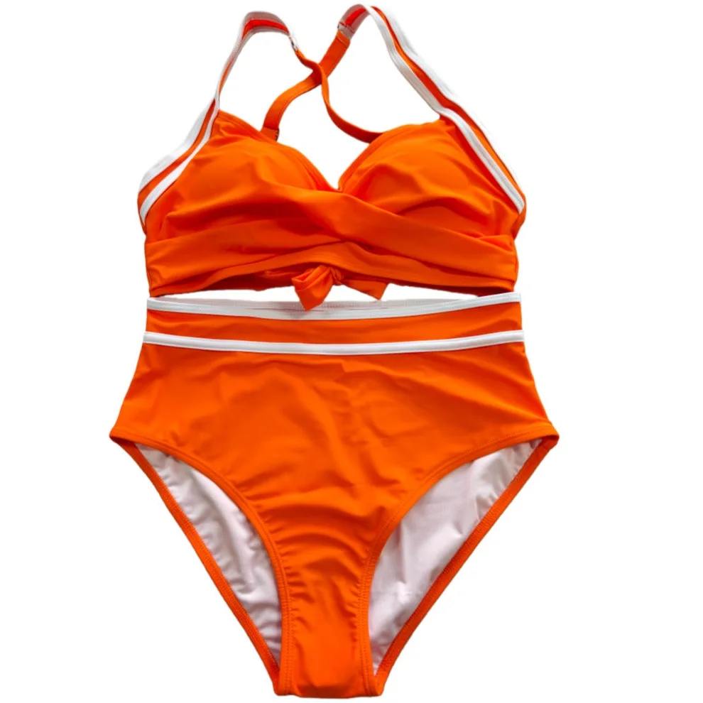 

Женский раздельный купальник-танкини в полоску с высокой талией, V-образным вырезом, пуш-ап эффектом, перекрестной спинкой и завязками, спортивный купальный костюм 2026