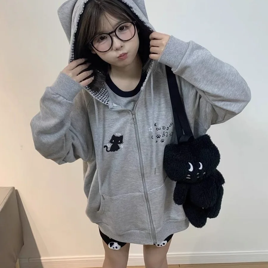 

Нишевые японские милые толстовки с капюшоном, пальто с милым котом, толстовки с капюшоном и принтом Y2K, топы, женская одежда, повседневная трендовая толстовка на молнии