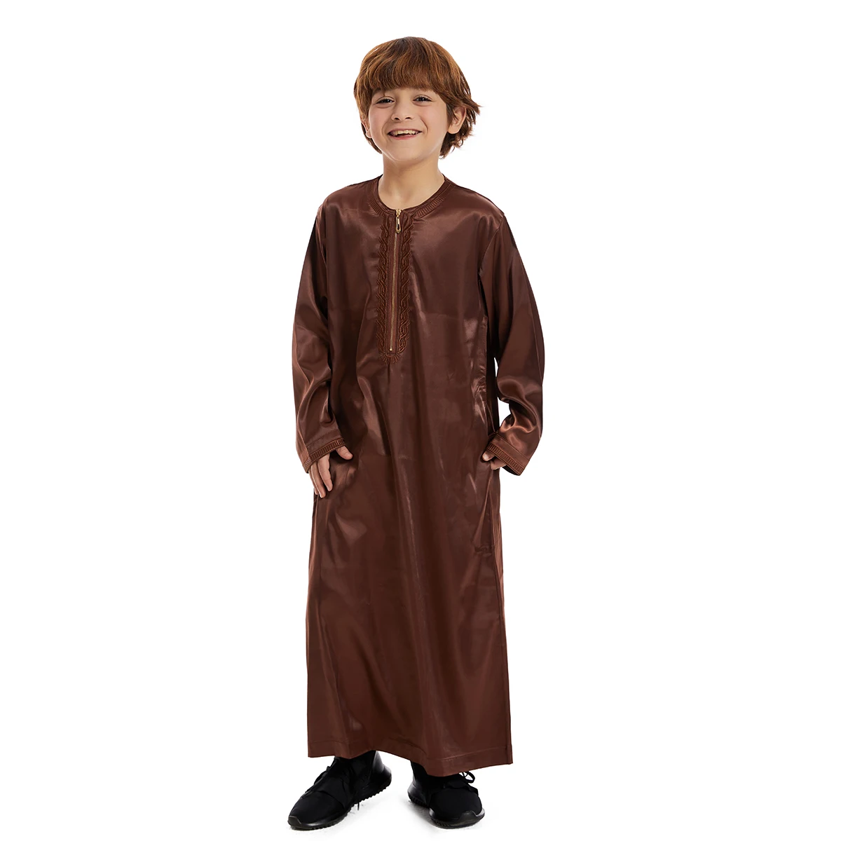 Muslim Kids Boys Jubba Thobe Robe Arabic Islamic Middle Eastern Teen Zipper Long Sleeve Robes Ramadan Daffah Dishdasha Clothing