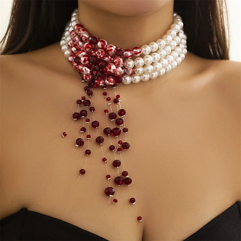 Vintage Gothic Style Blood Dripping Tassel Personalized Round Beads Multi-layer Imitation Pearl Collar Bone Necklace