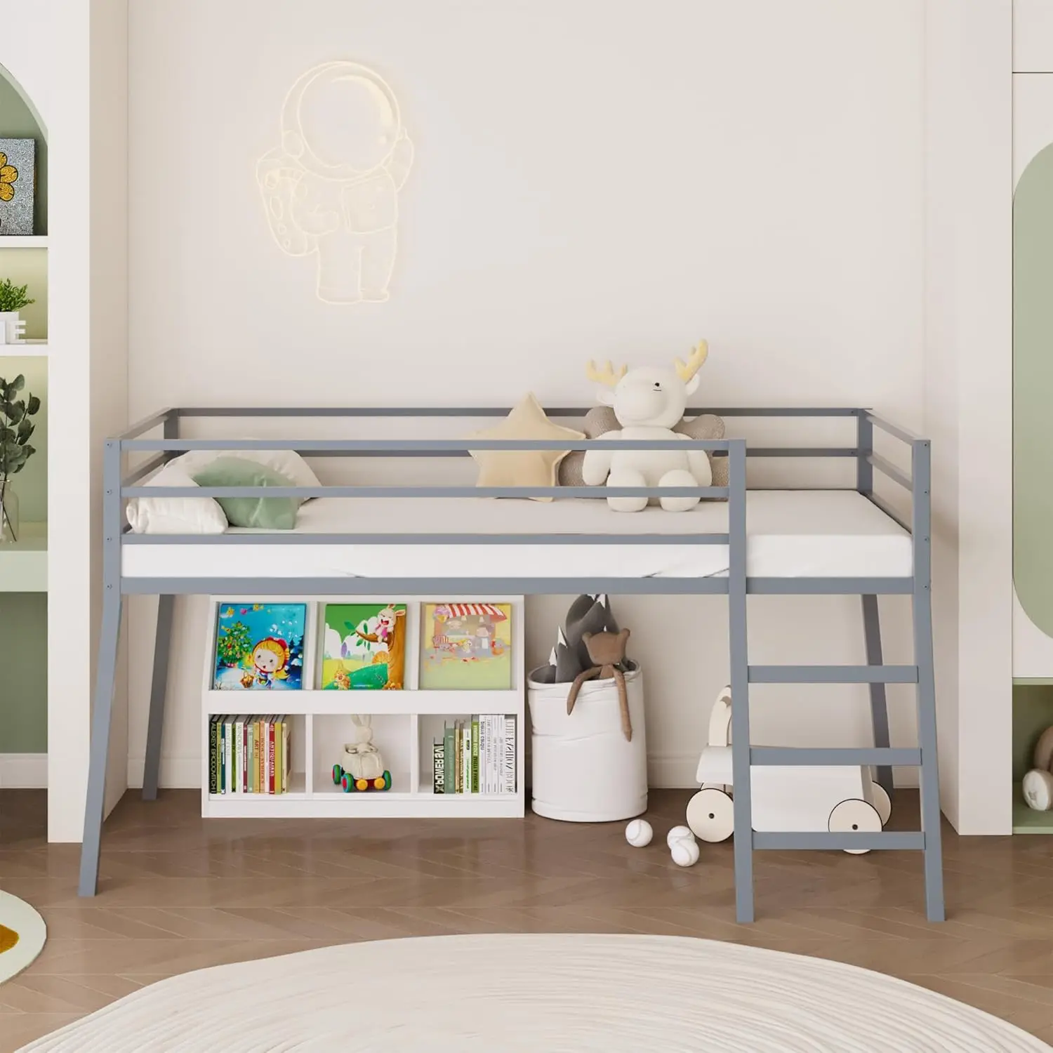 For Kids or Teens, Metal, Grey, Space-Saving Twin Loft Bed with Ladder and Guardrail
