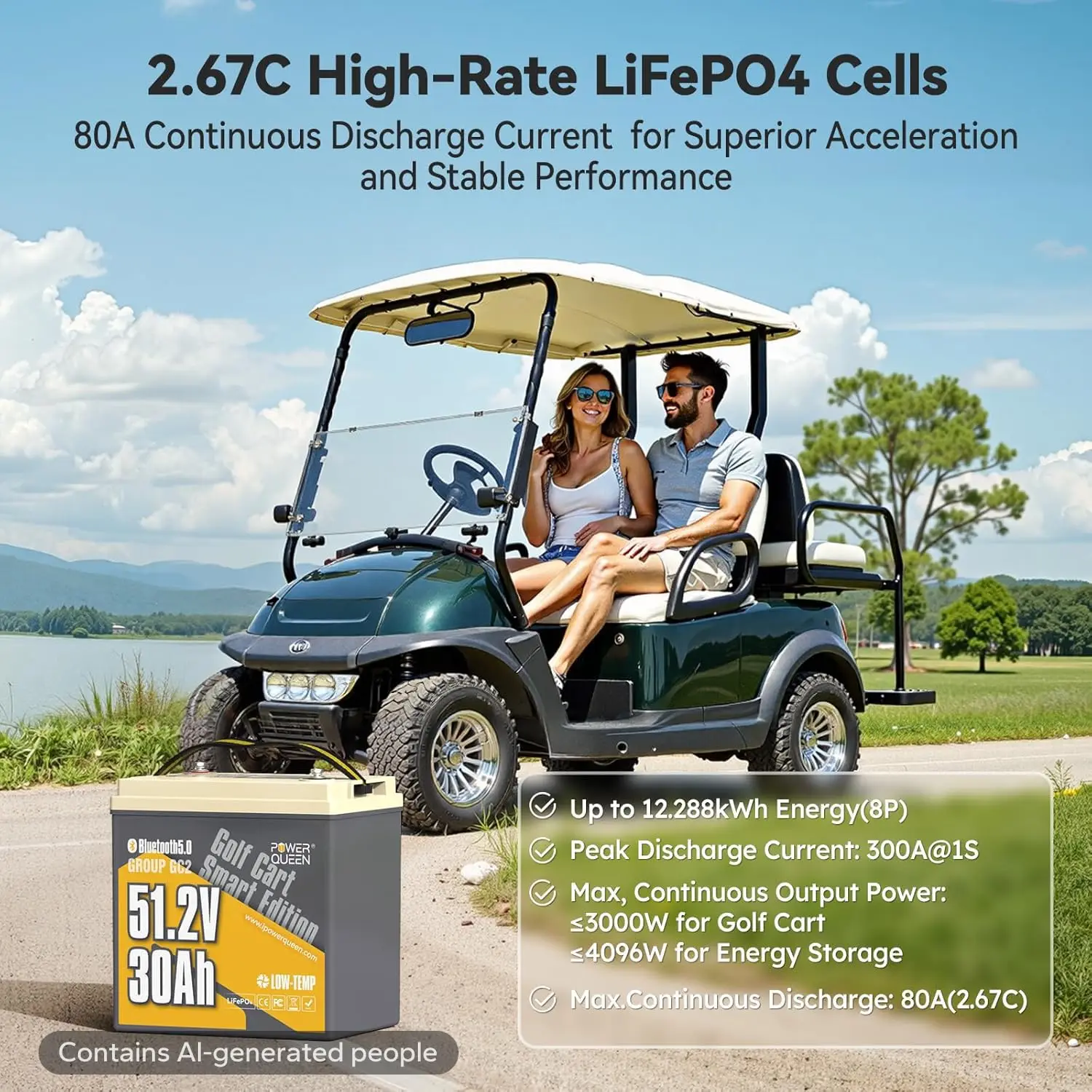 48V 30Ah Lithium Golf Cart Battery,GC2 LiFePO4 Battery Bluetooth,100A Smart BMS,Low-Temp Protection, Support up to 3kW, Custom