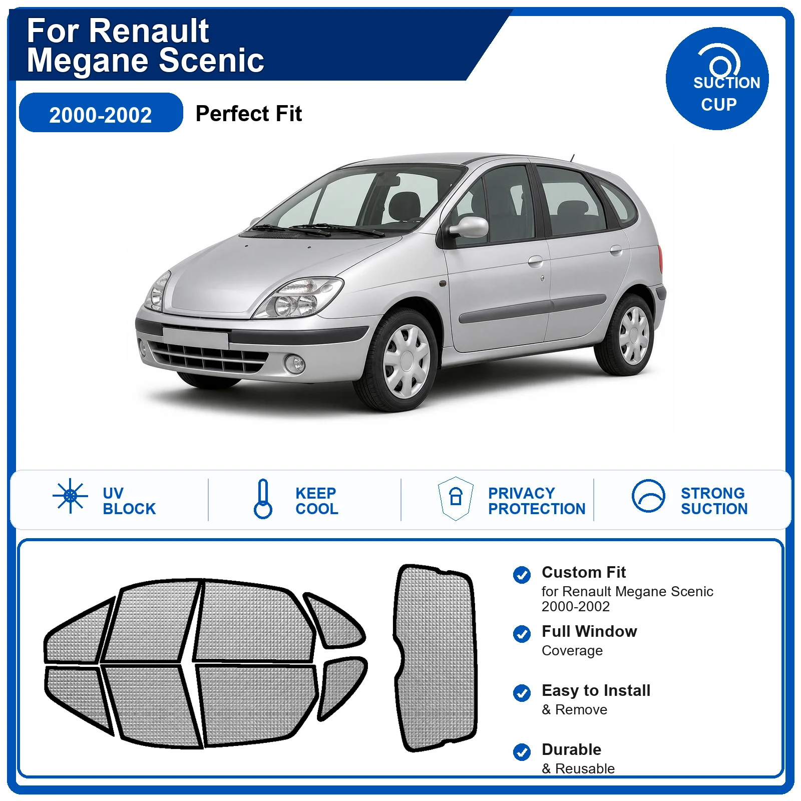 For Renault Megane Scenic 2000-2002 Custom Full Set Windshield Sun Shade Aluminum Foil Heat Insulation Anti UV Foldable
