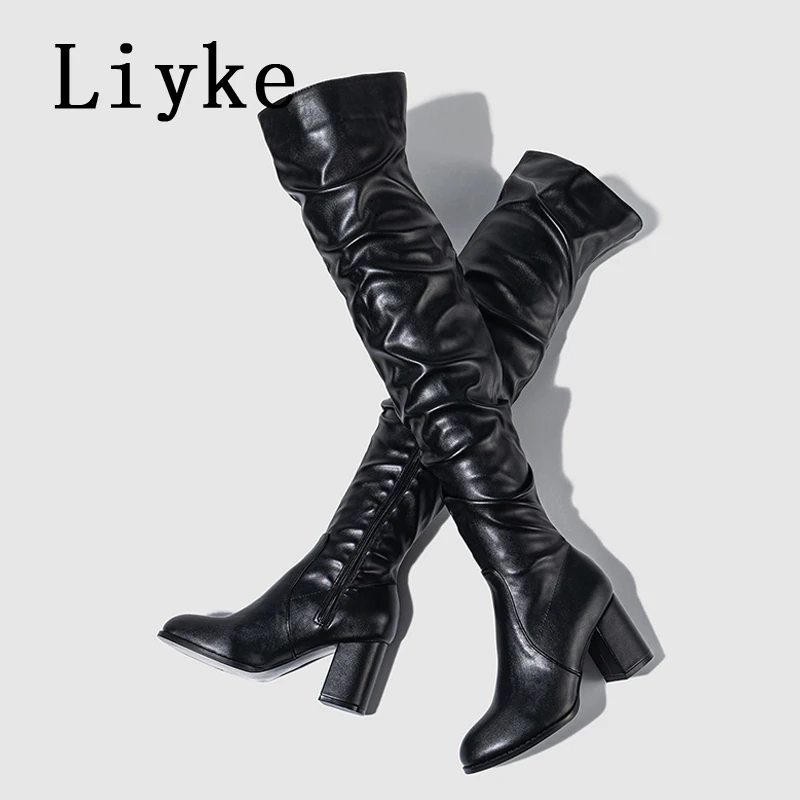 Liyke Size 35-42 Black Women Zip Over The Knee Thigh High Boots Fashion Pleated Leather Round Toe Square Heels Booties Shoes