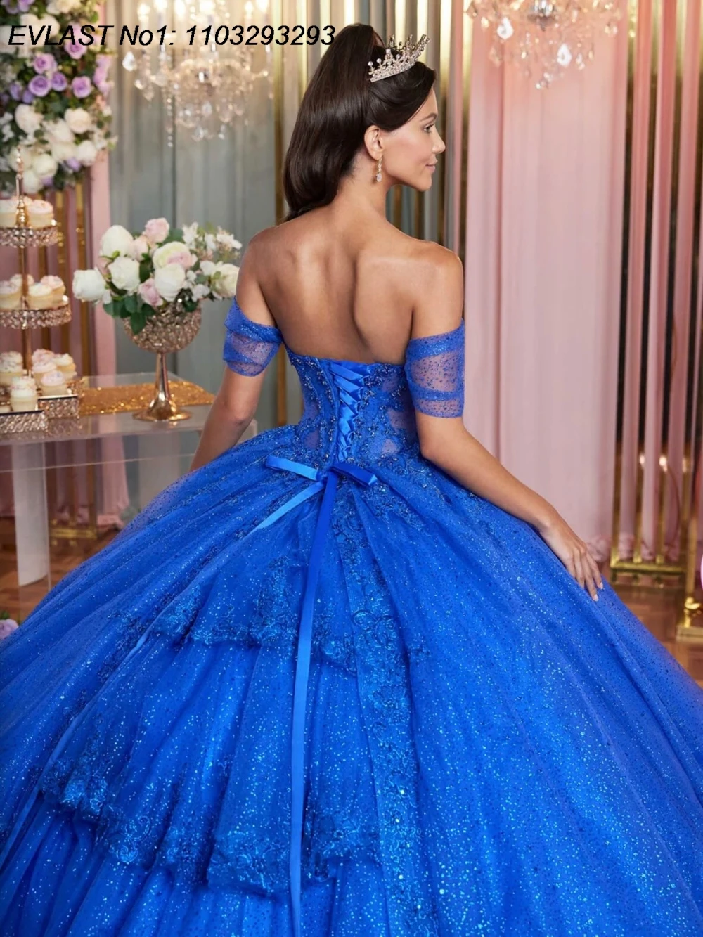 EVLAST personnalisé paillettes bleu Royal robe De bal Quinceanera robe brillant appliques perles arc doux 16 robes De 15 Anos E1QN341