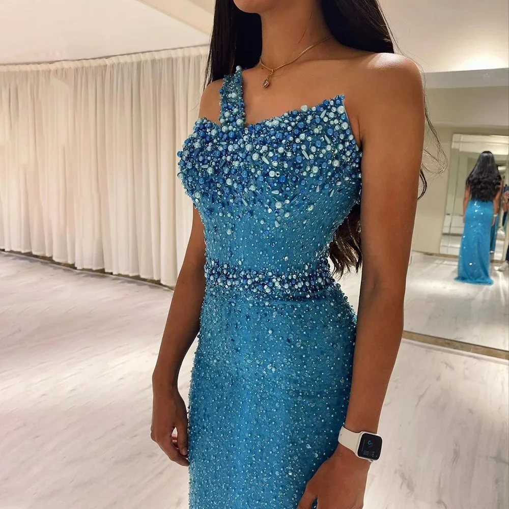 Latest Blue Evening Dresses Sequined Glitter Prom Party Gown 2024 One Shoulder Pearls Wedding Guest Gowns Sweep Train Sleeveless