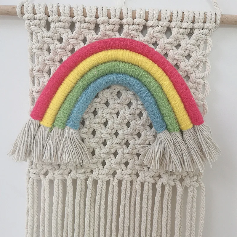 Macrame Wall Hanging Tapestry Hand-Woven Bohemian Style Rainbow Cotton Rope Tapestries for Gifts Bedroom Living Room Dormitory