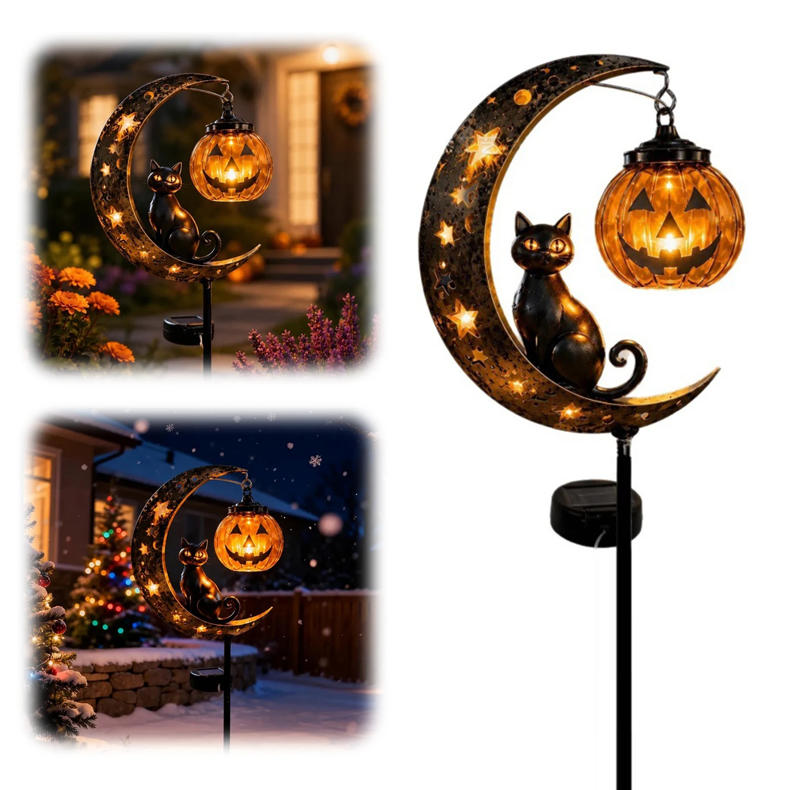 Iron Black Cat Moon Ground Lamp Waterproof Cat Moon Solar Lamp with Auto On/Off Solar-Powered Garden Light for Yard/Patio Decor