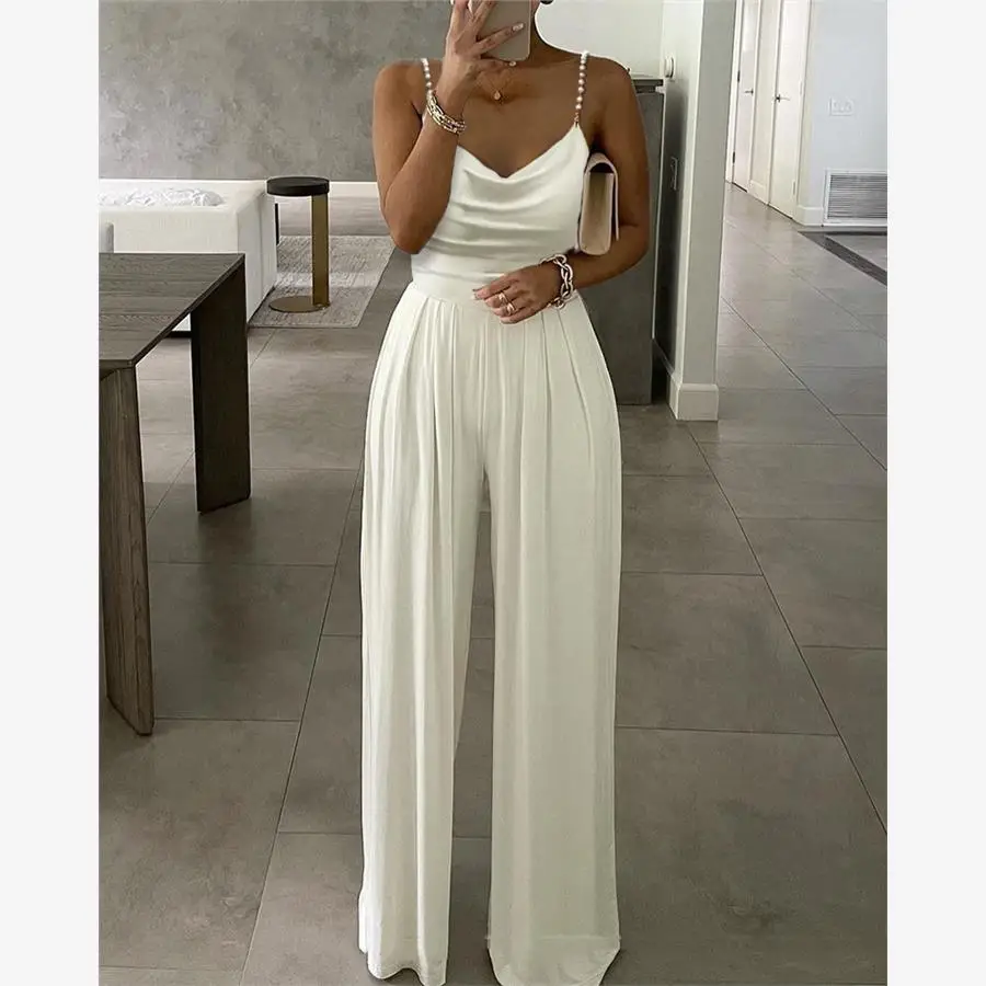 

Swing Ne Pearl Strap Jumpsuit Floor-Length Pure Color Long Pants Women's Casual Pants High Waist Wide Leg