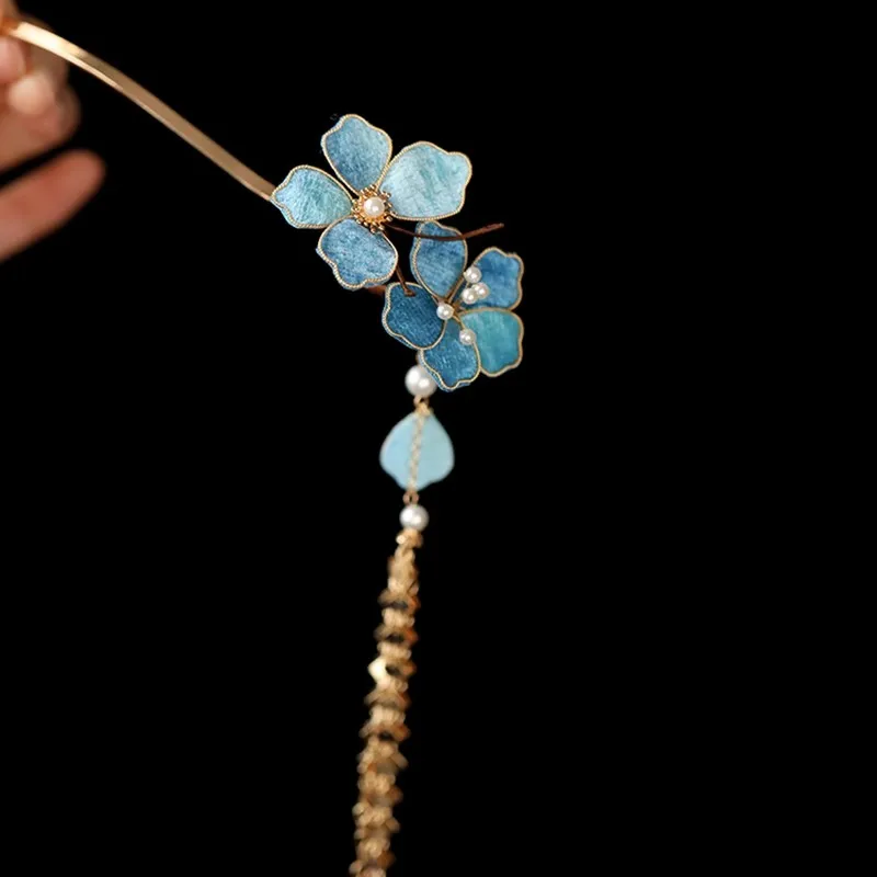 FXLRY Original Handmade Pearl Fabric Fleece Flower Blue Hairpin Fall/Winter Headdress