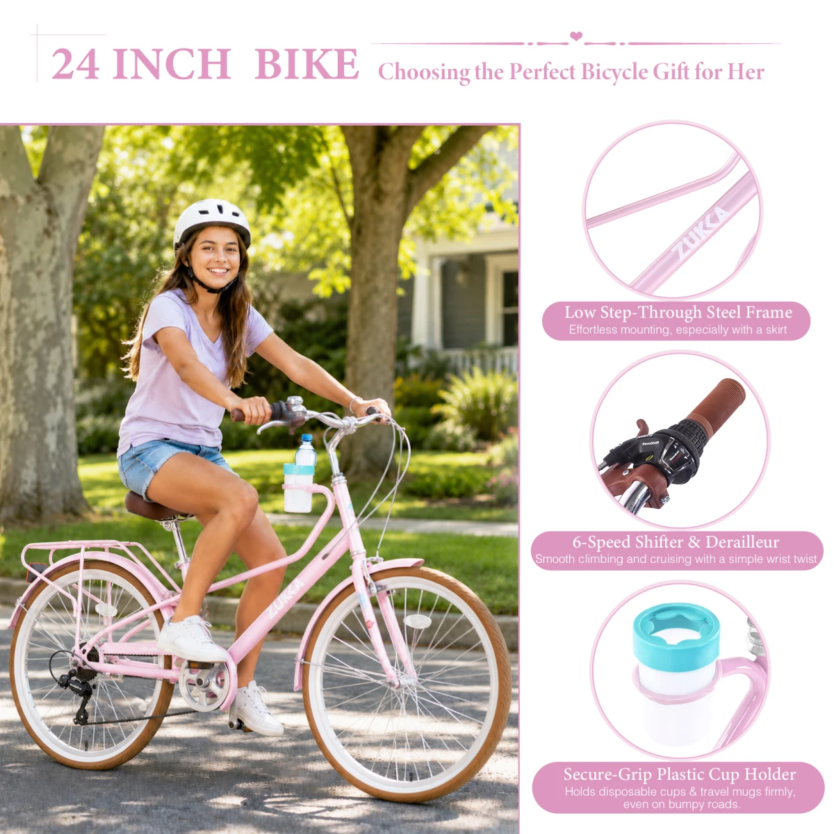 24 Inch Women's Cruiser Bike ,6 Speed Step-Through Commuter Bicycle with Rear Rack & Cup Holder, Adult City Bike