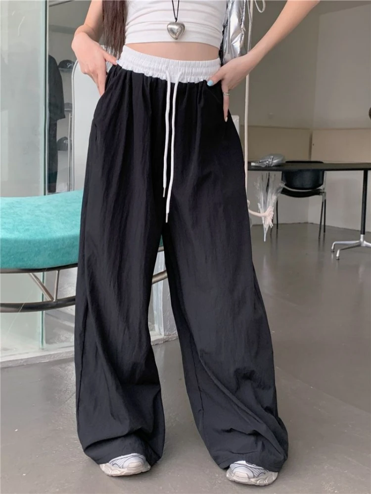 Baggy Pants Women Drawstring Spring American Street Style New Patchwork Fashion High Waist Y2k Casual All-match Wide Leg Trouser