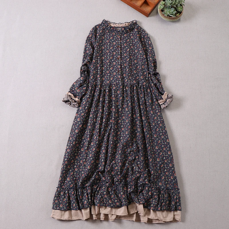 Spring Autumn Japanese Style Sweet Mori Girl Floral Print Dress Women Vintage Ruffled Hem Long Sleeve Midi Dress