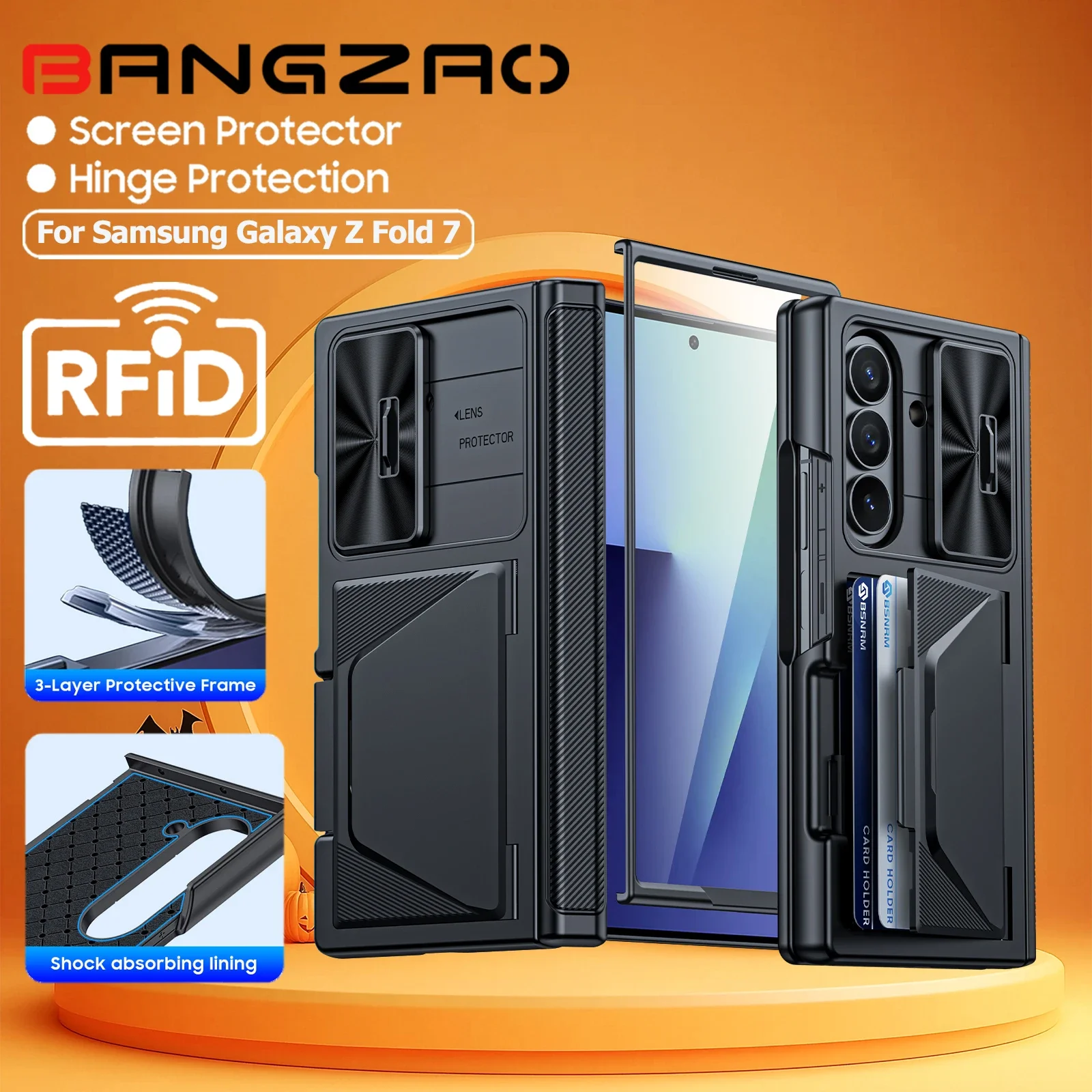 

Подарки на Хэллоуин для чехла Galaxy Z Fold 7, RFID-кошелек с держателем для карт, чехол для камеры, противоударный силиконовый защитный чехол-черный