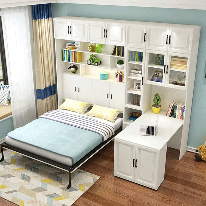 Space Saving Simple Study Guest Room Wall Murphy Bed With Closet Wardrobe Storage Cabinet Invisible Hidden Beds Bookcase Desk