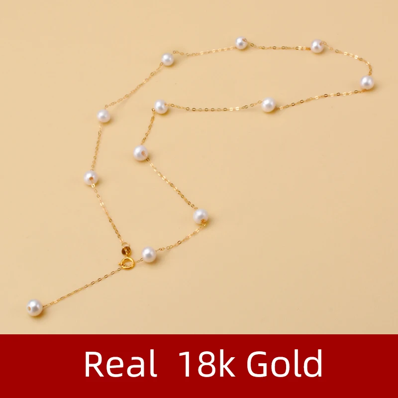 NYMPH Real 18K Gold Jewelry Natural Pearl Necklace Pendnat Pure Au750 O Chain All Over The Sky Star Party Gift For Women X611