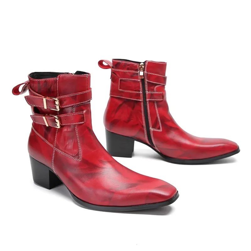 

Luxury Design Square Toe Red Men Ankle Boots Wedding Party Dress Shoes Belt Buckle Decor High Heels Male Chelsea Boots